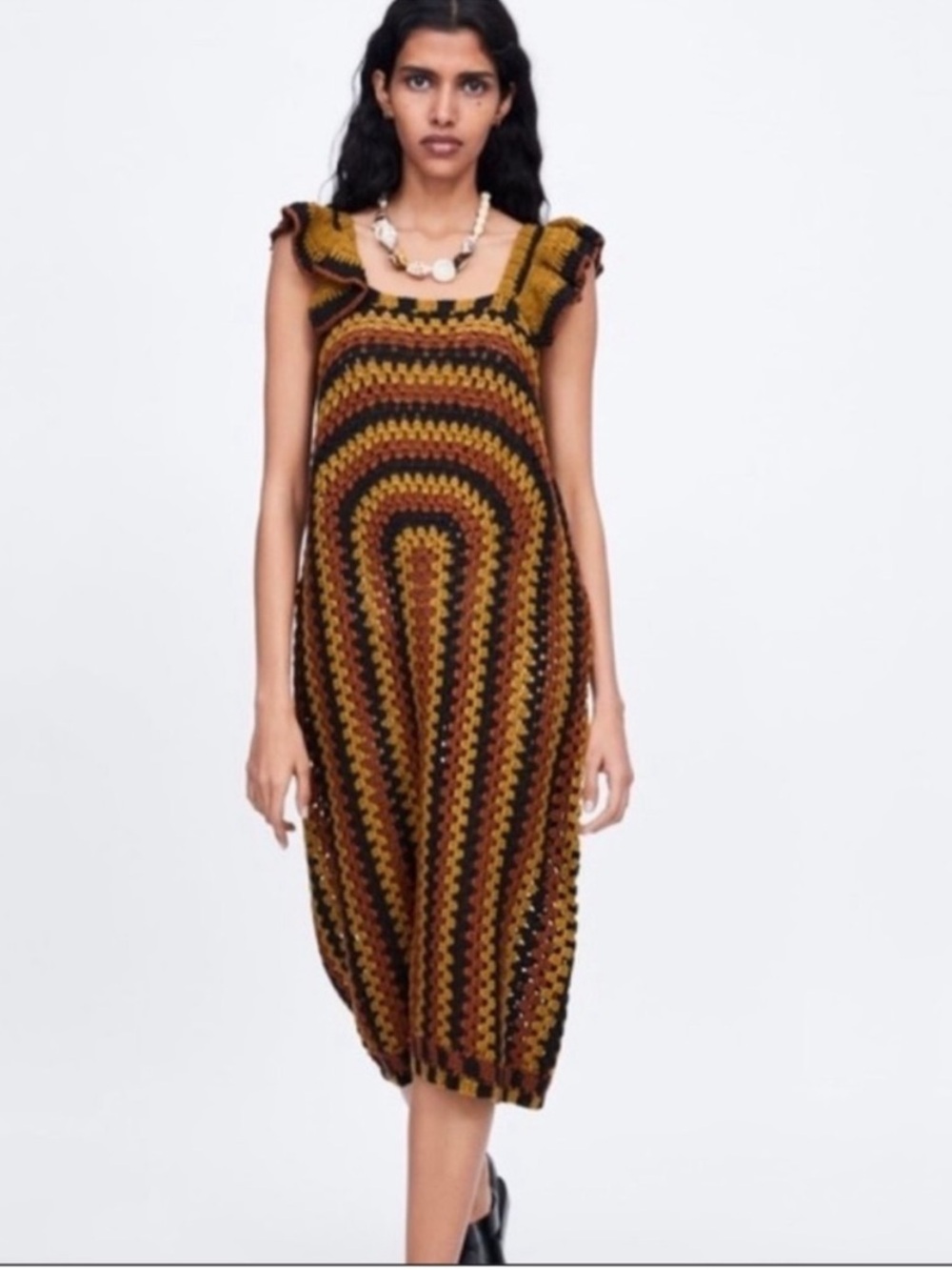 Zara Crochet Midi Dress in Black and Brown